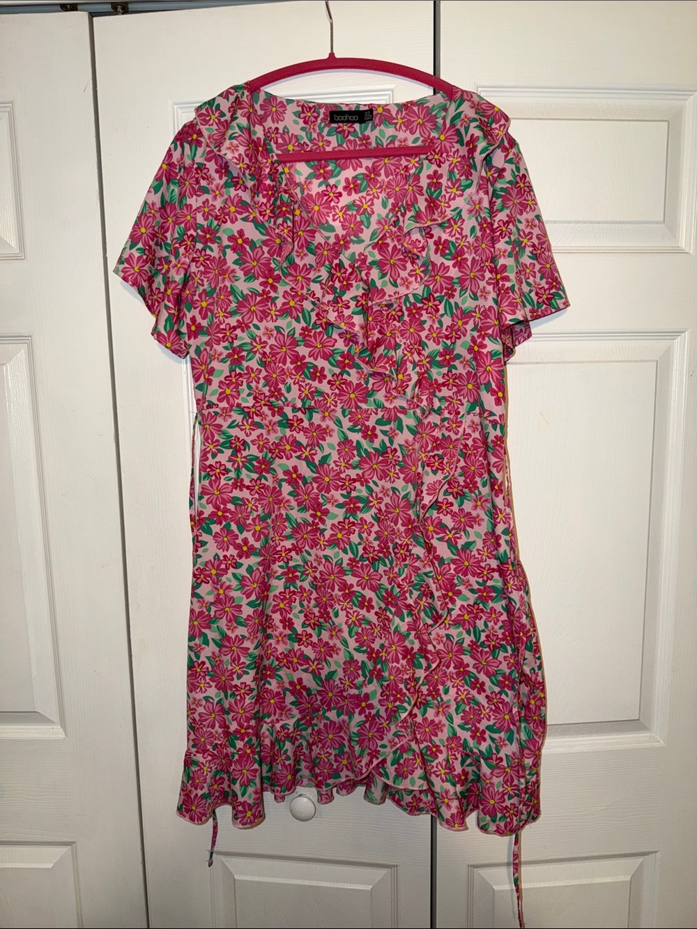 Boohoo Pink & Green Floral Ruffle Wrap Mini Dress